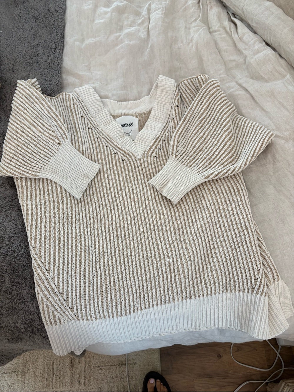 aerie Cream and Tan Striped V-Neck Sweater